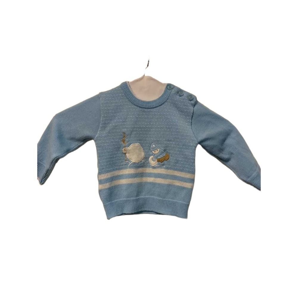 All Mine Vintage Baby Boy Snowman Sweater Blue Knit 18M Shoulder Buttons Striped